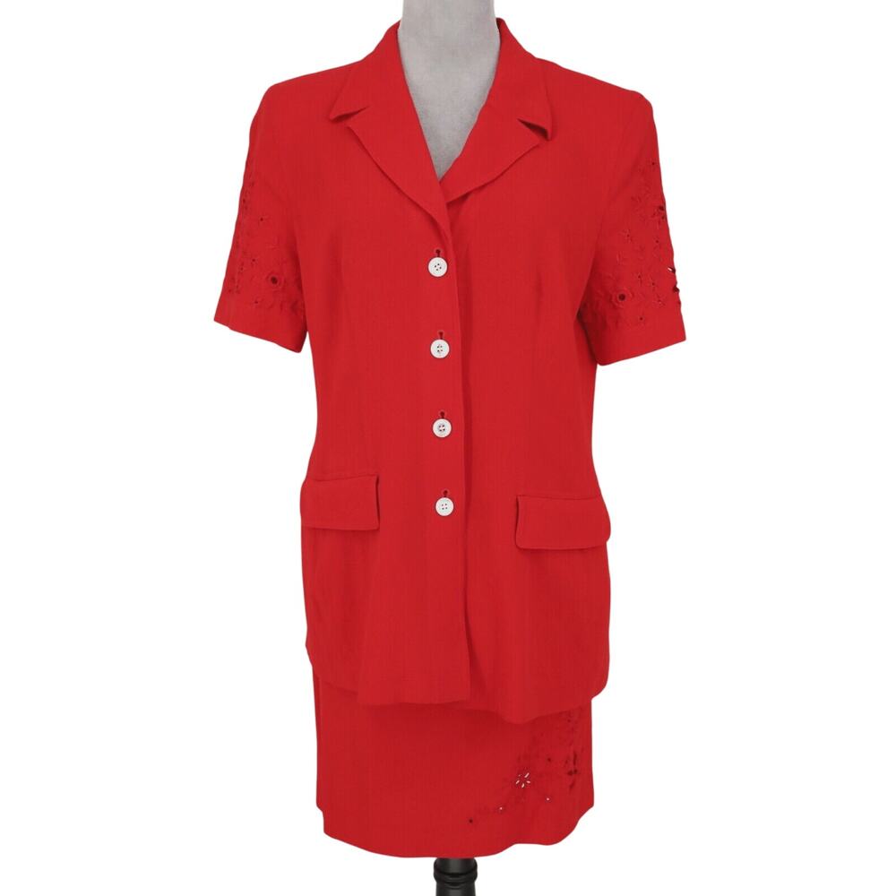 Escada Skirt Suit Womens 8 US 40 Red Wool Embroidered Detail Margaretha Ley Vtg